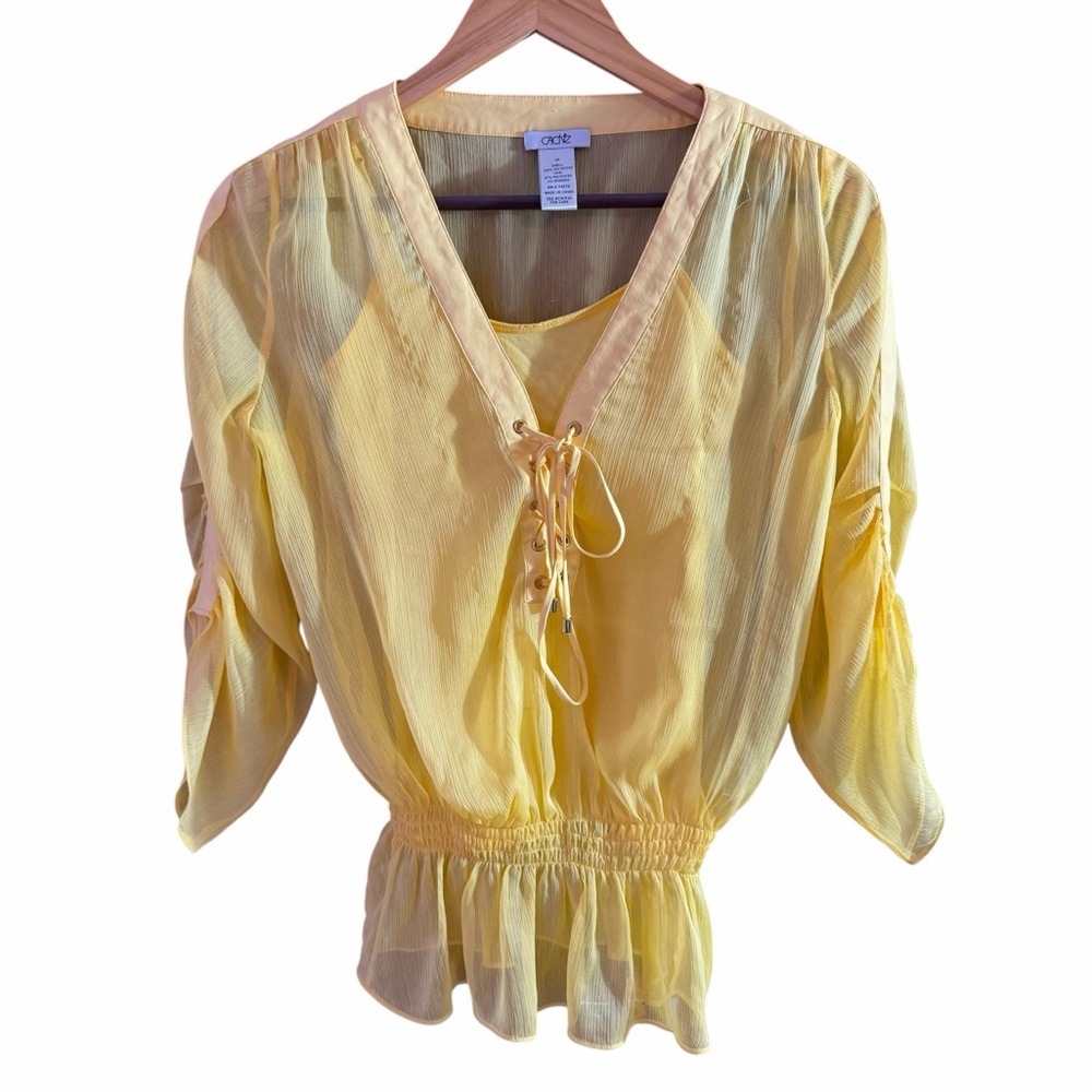 Y2K Cache Butter Yellow Sheer Lace Up Top Size XS